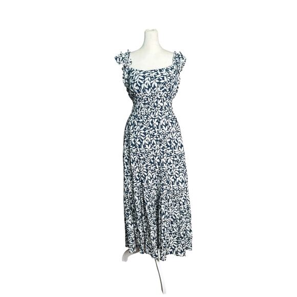 Y2K A&F Floral Midi Dress Smocked Ruffle Blue Boho Romantic Cottagecore Sz SP - Picture 1 of 11
